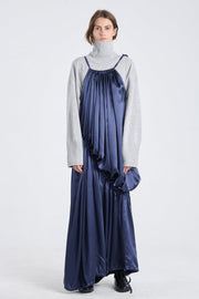 Dark blue satin silk drawstring dress