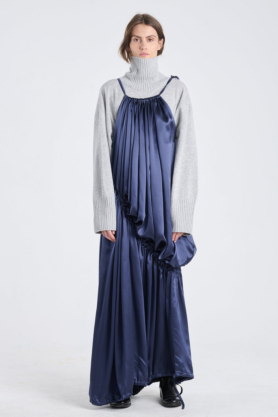 Dark blue satin silk drawstring dress