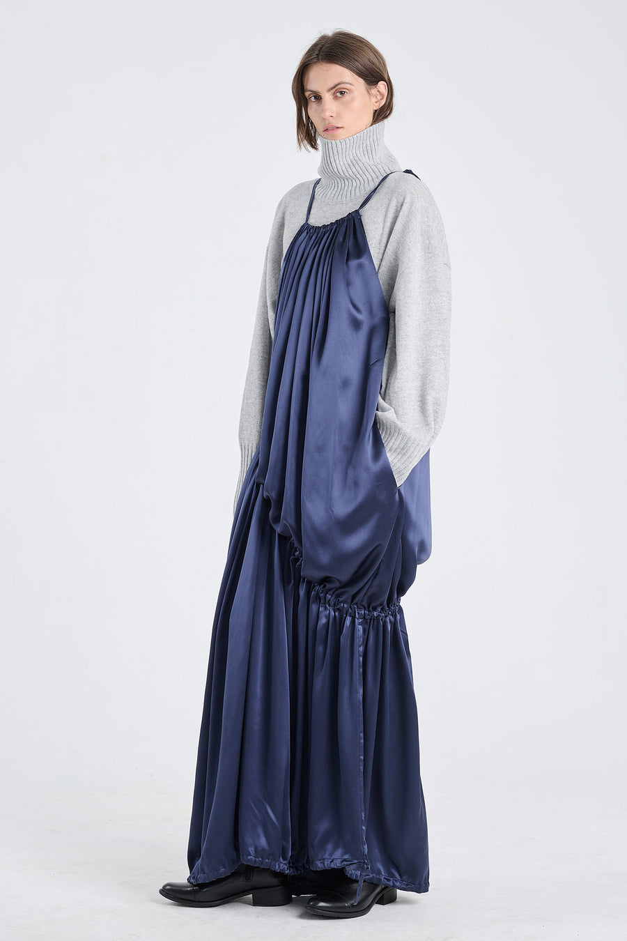 Dark blue satin silk drawstring dress