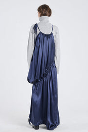 Dark blue satin silk drawstring dress