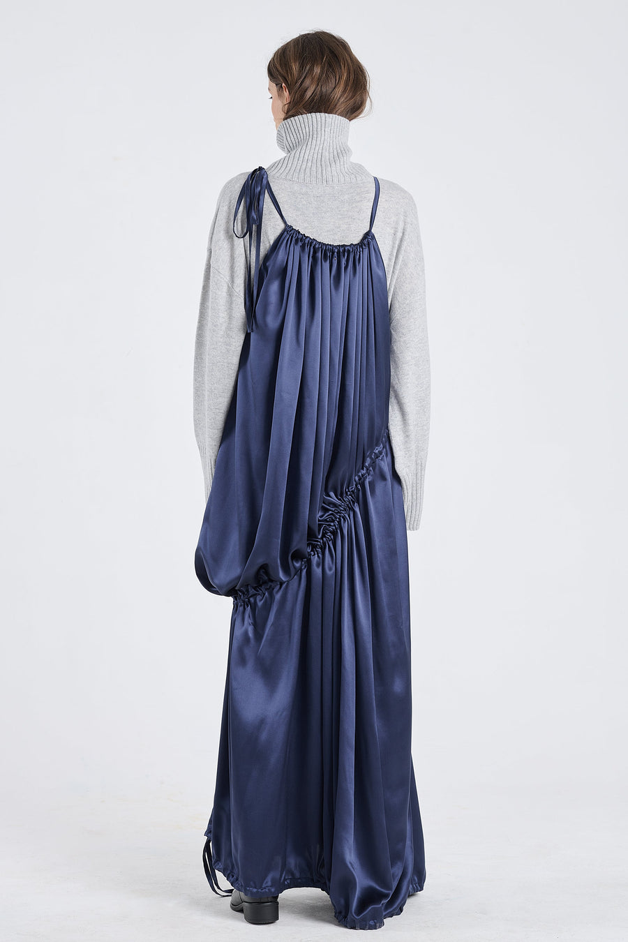 Dark blue satin silk drawstring dress