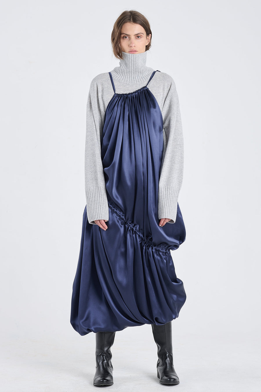 Dark blue satin silk drawstring dress