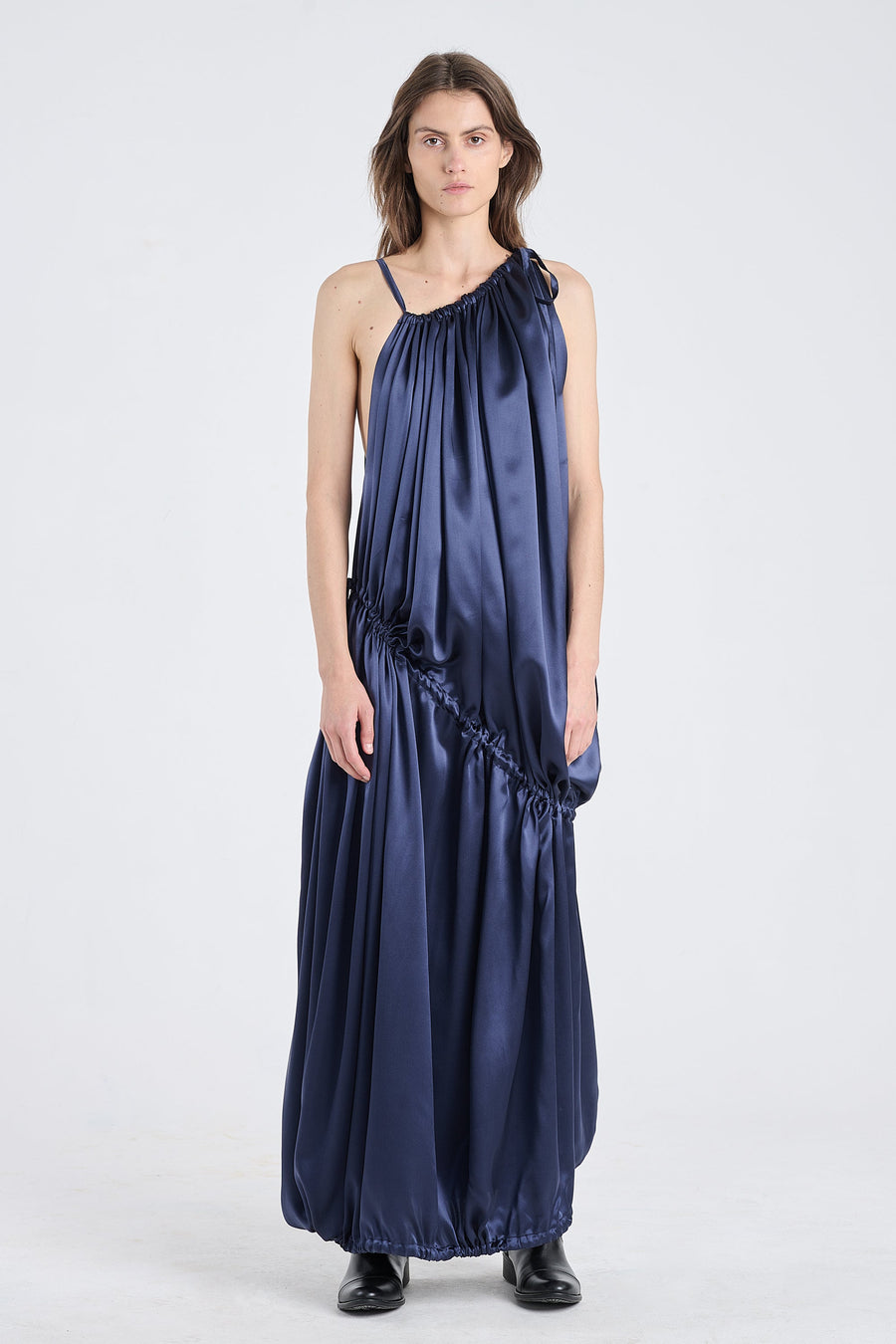 Dark blue satin silk drawstring dress