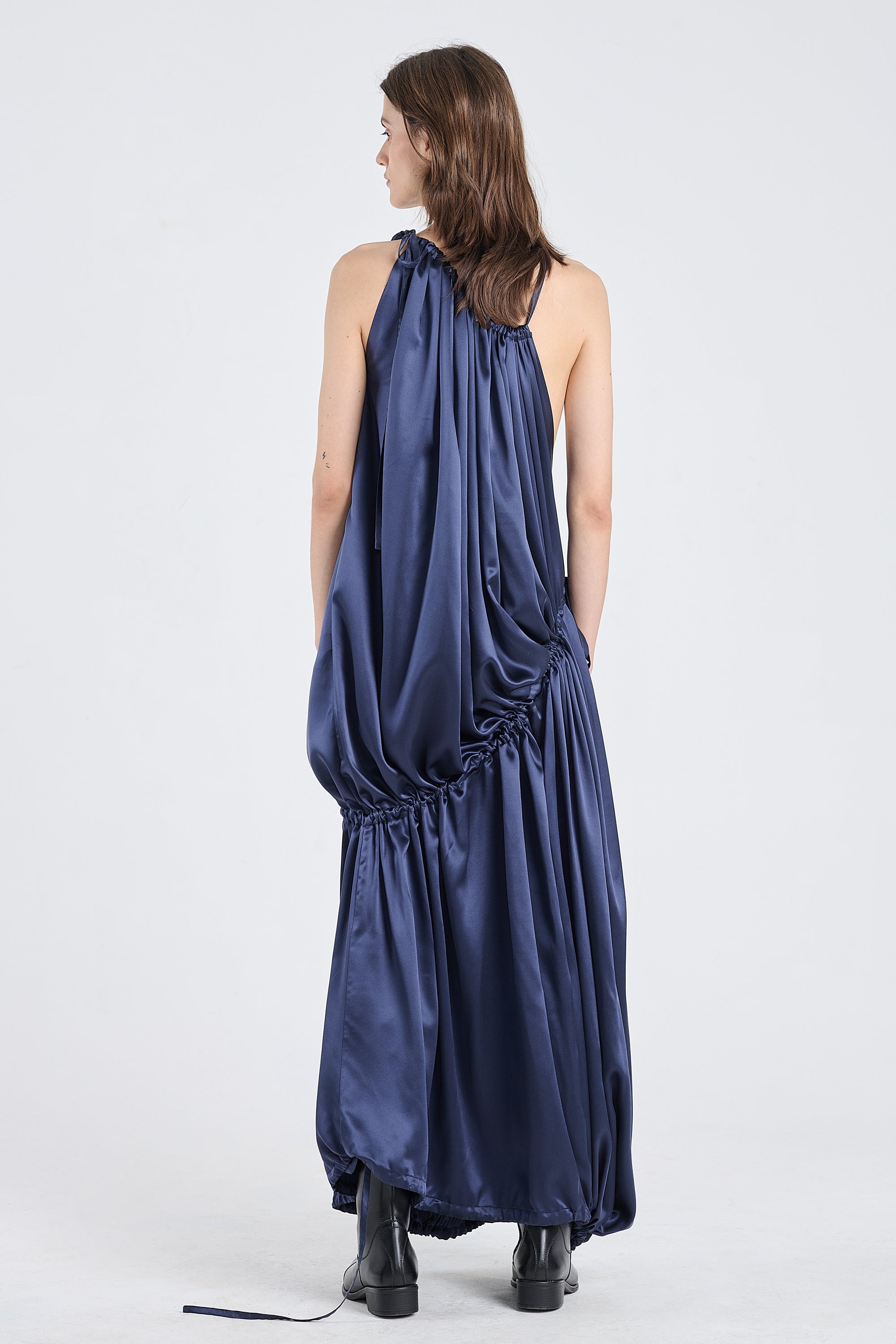 Dark blue satin silk drawstring dress