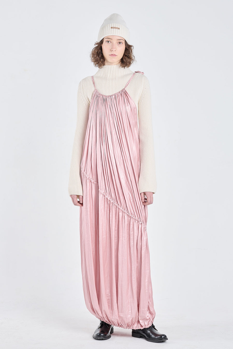 Pink glossy satin drawstring dress