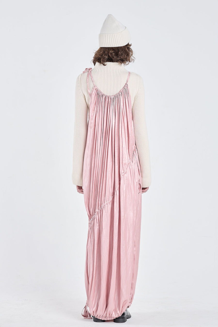 Pink glossy satin drawstring dress