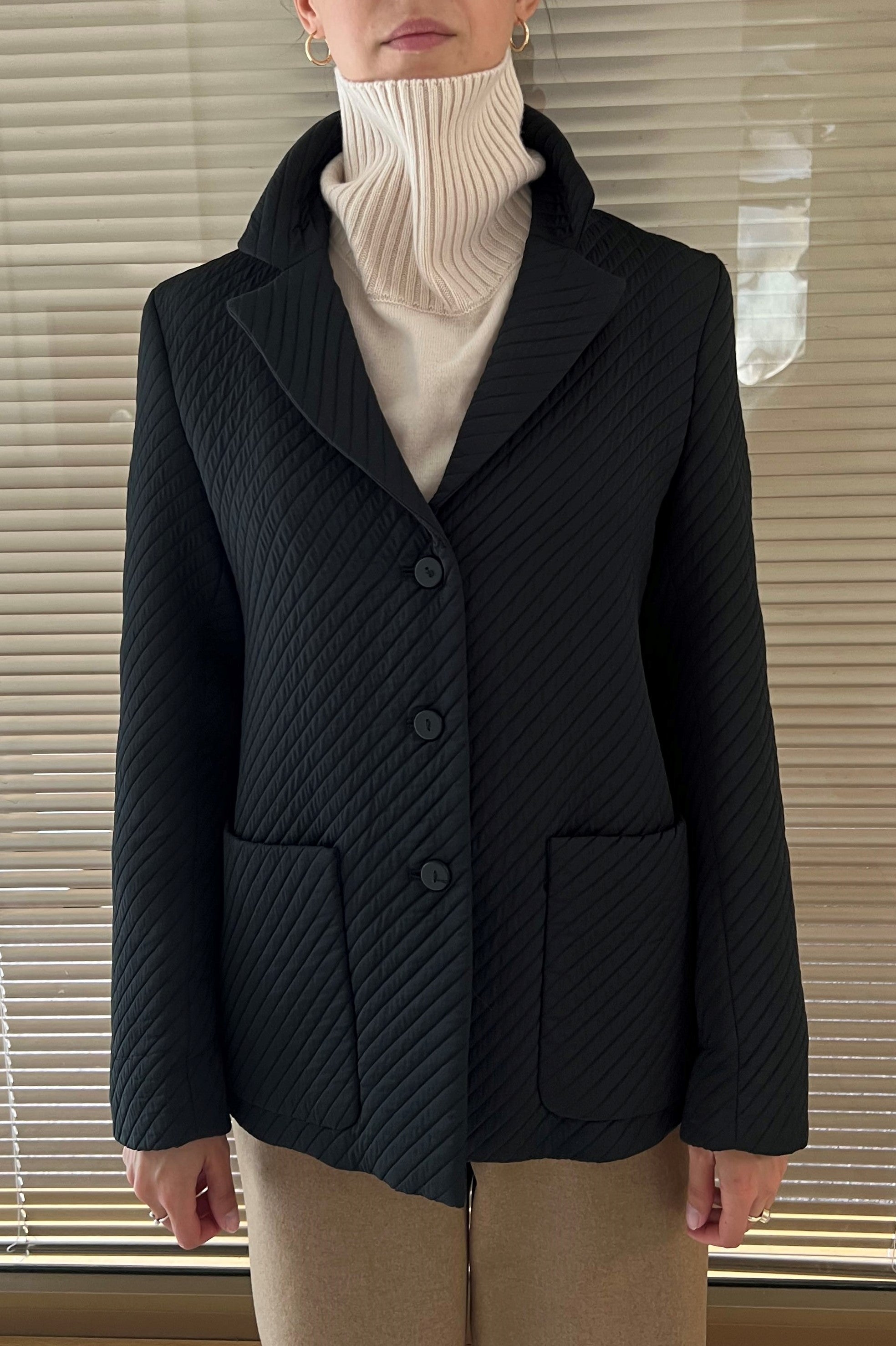 Black quilted wool suiting jacket