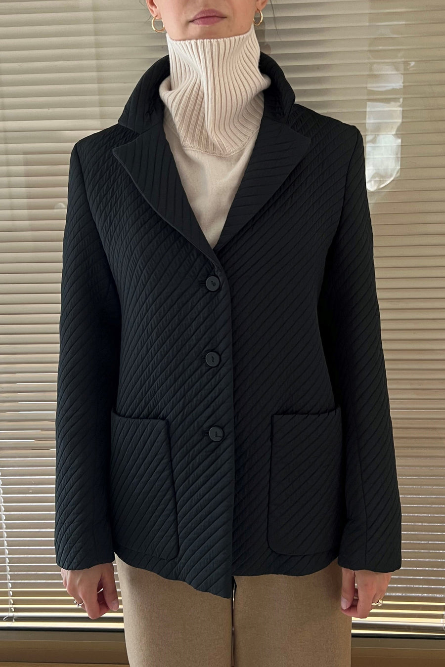 Black quilted wool suiting jacket