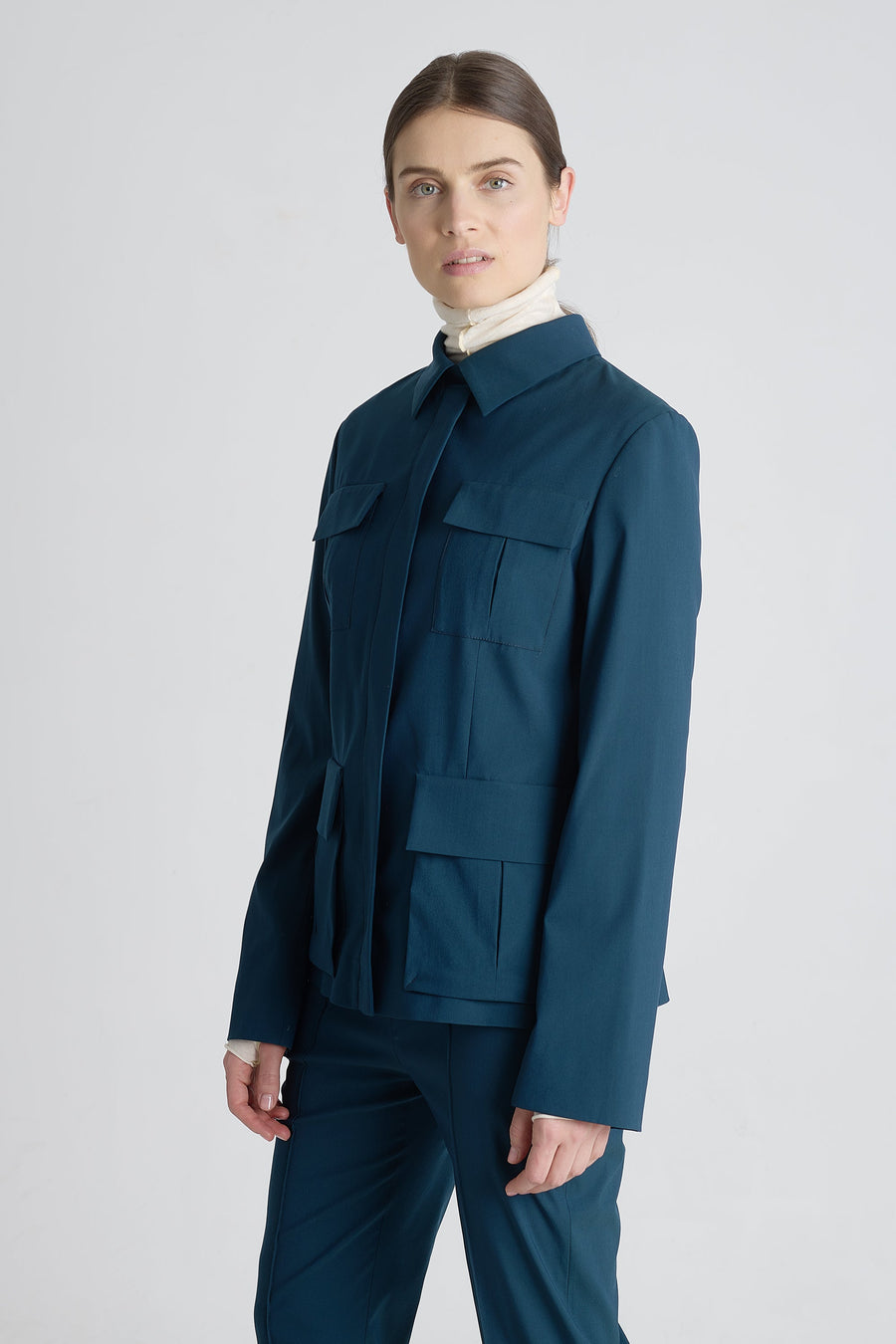Teal green wool fitted military jacket