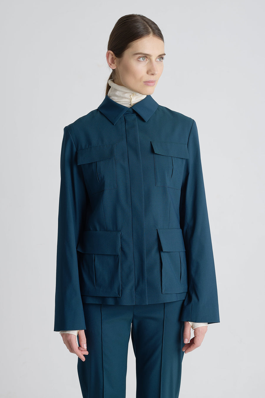 Teal green wool fitted military jacket