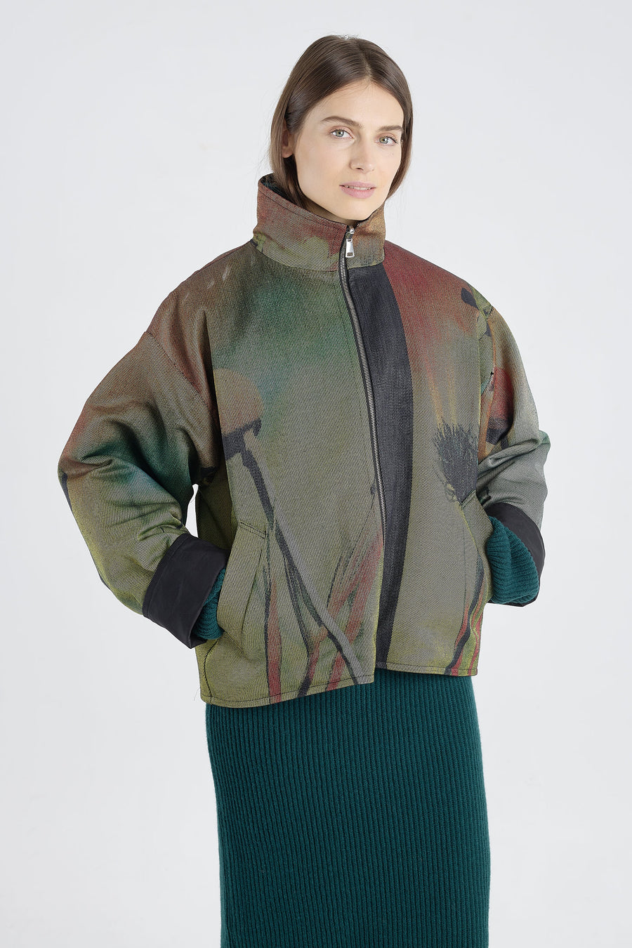 Multicolor warp print cotton reversible jacket