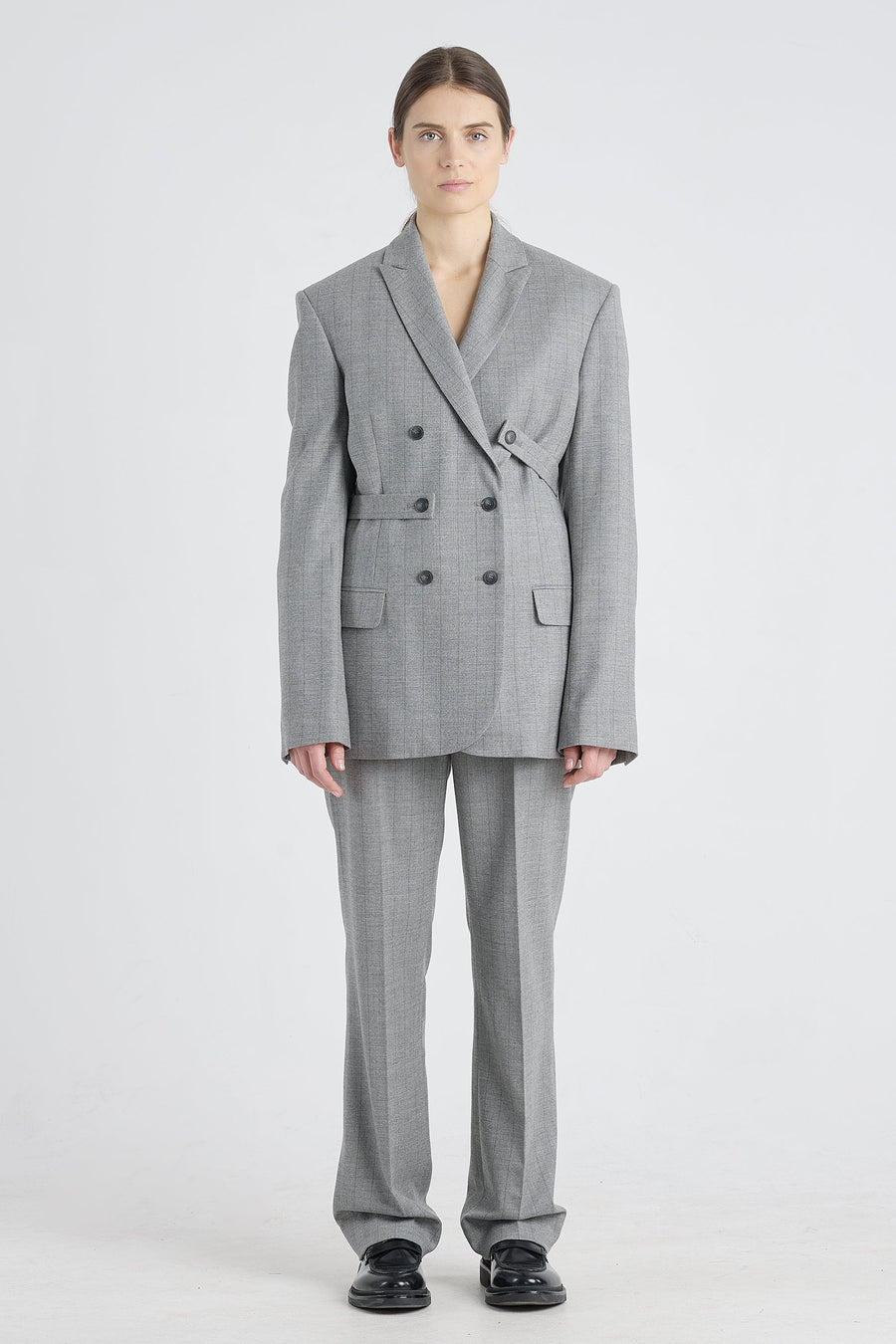 Grey stripe wool&cashmere jacket with belt detail