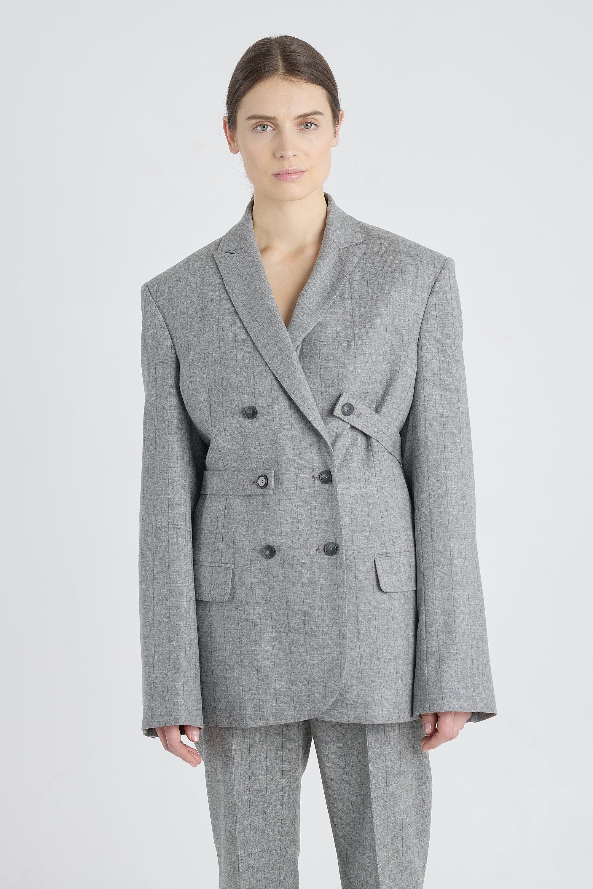 Grey stripe wool&cashmere jacket with belt detail
