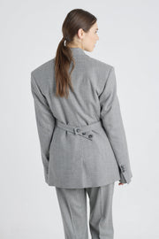 Grey stripe wool&cashmere jacket with belt detail
