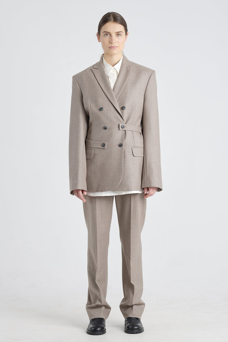 Taupe lurex wool jacket with belt detail