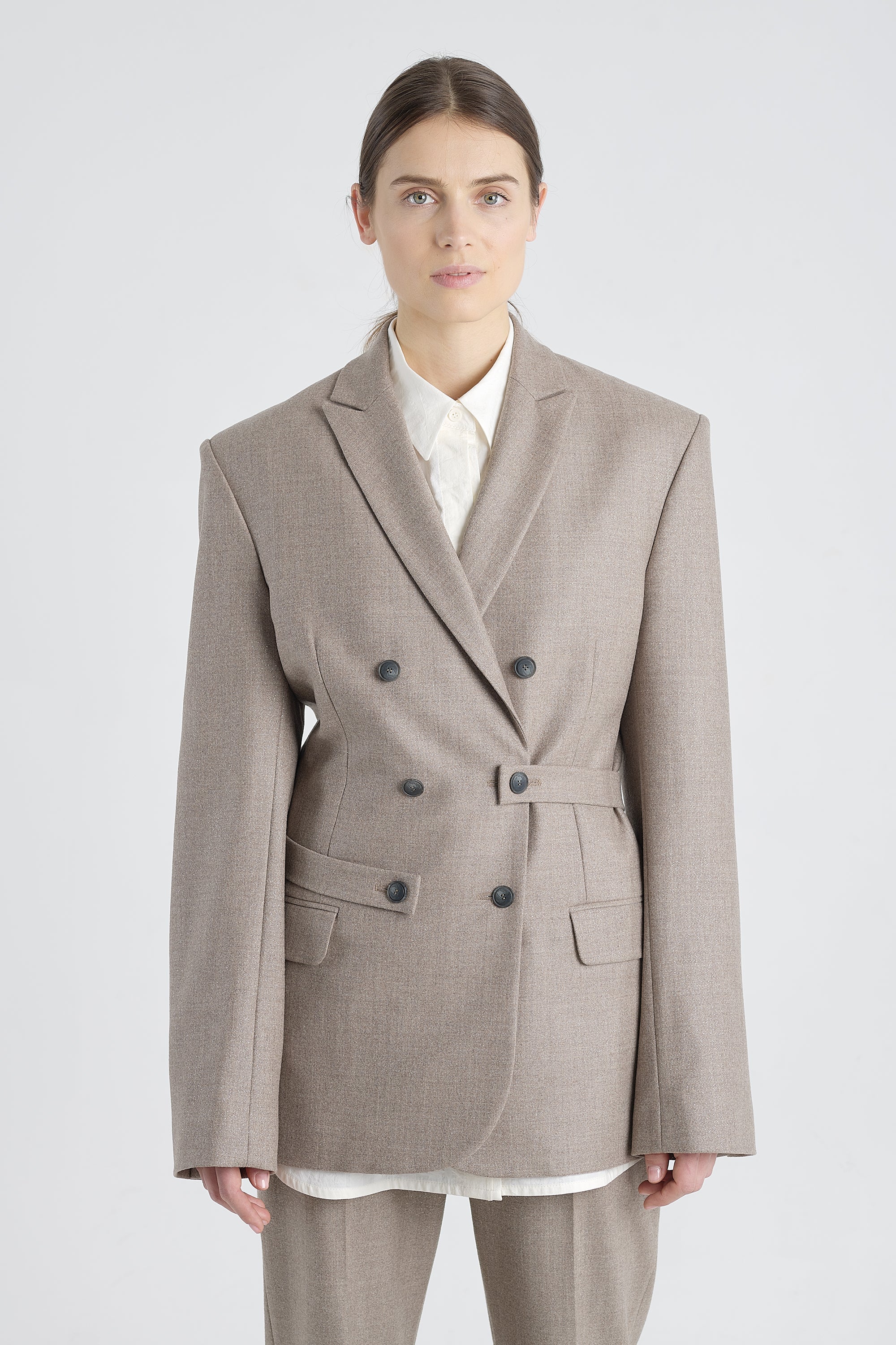Taupe lurex wool jacket with belt detail