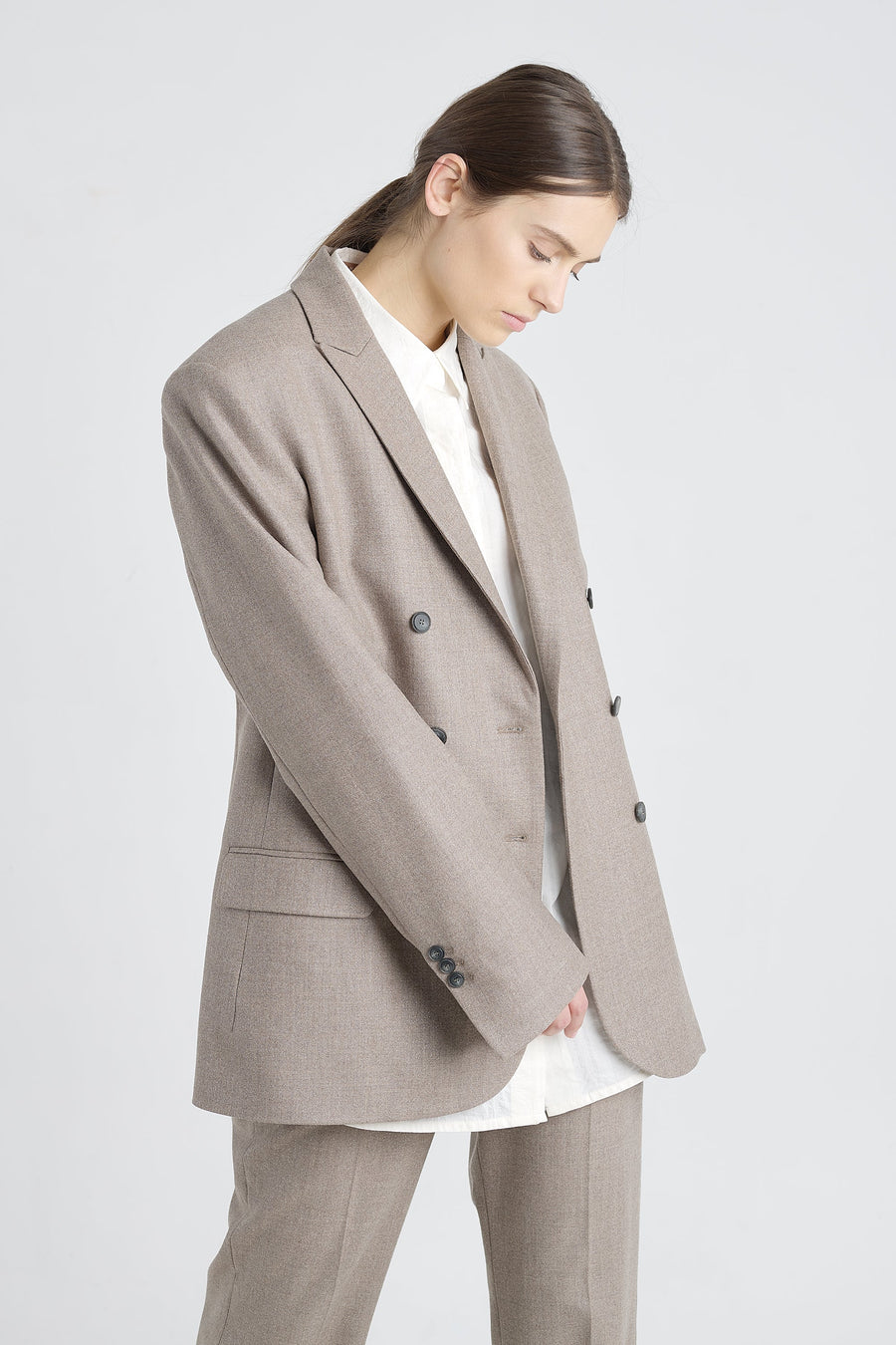Taupe lurex wool jacket with belt detail