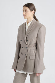 Taupe lurex wool jacket with belt detail