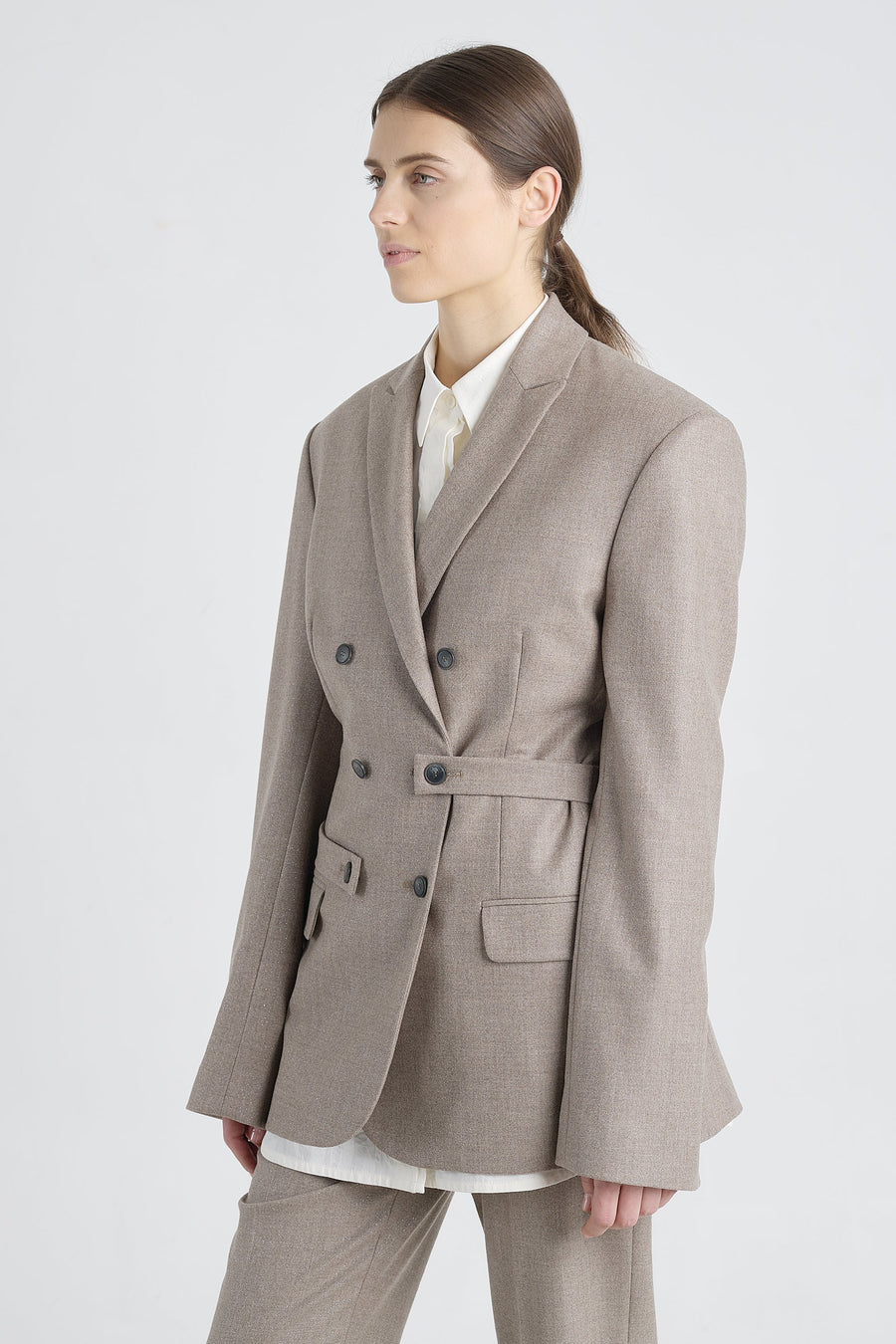 Taupe lurex wool jacket with belt detail