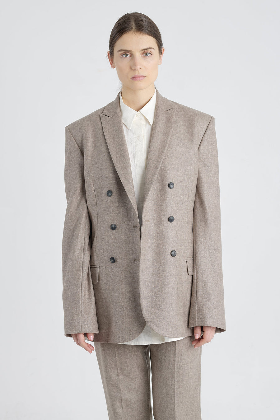 Taupe lurex wool jacket with belt detail