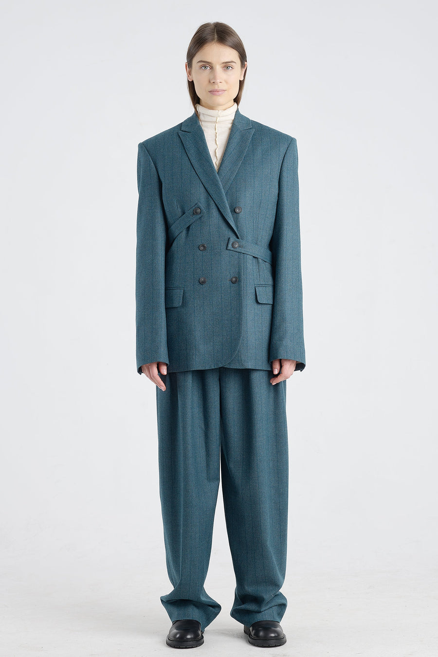 Teal green stripe wool & cashmere jacket with belt detail