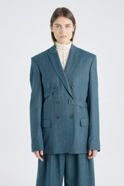 Teal green stripe wool & cashmere jacket with belt detail