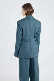 Teal green stripe wool & cashmere jacket with belt detail