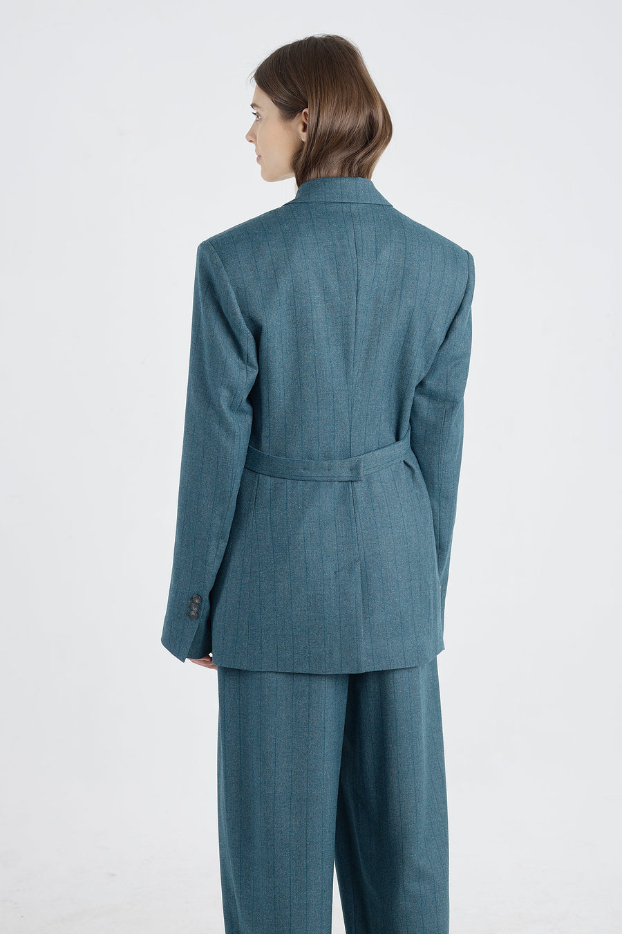 Teal green stripe wool & cashmere jacket with belt detail