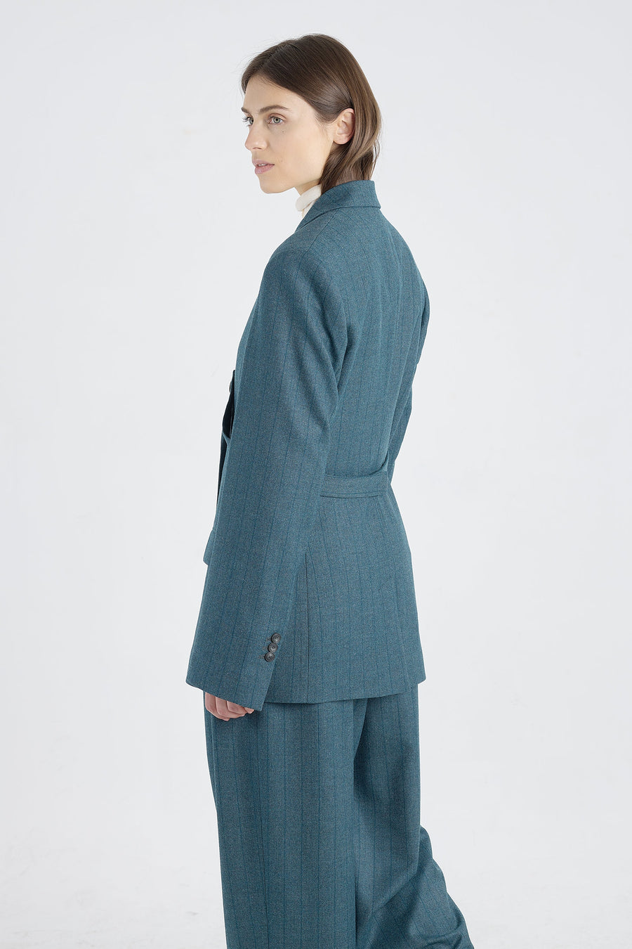 Teal green stripe wool & cashmere jacket with belt detail