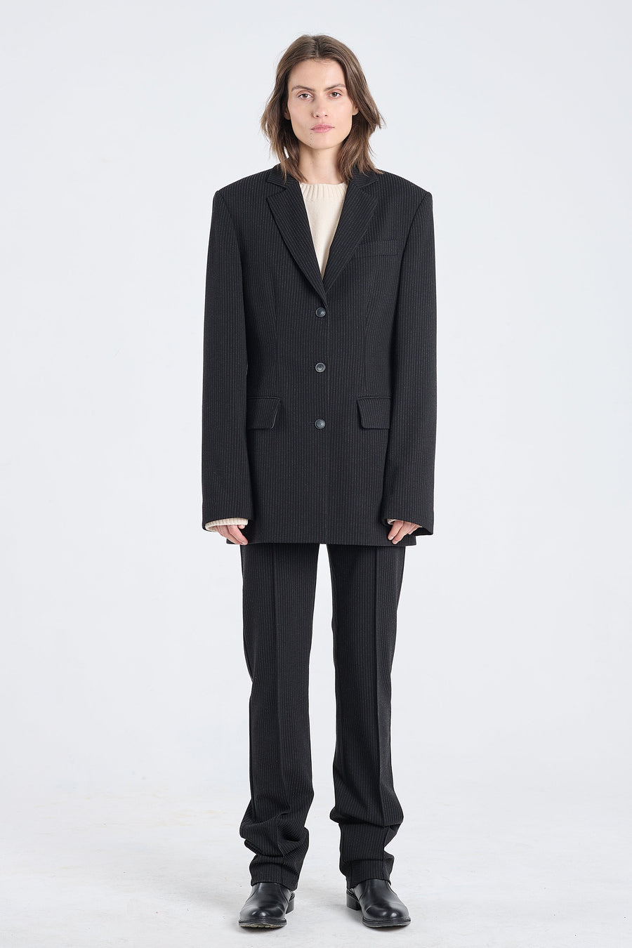 Black striped bistretch  jacket with belt