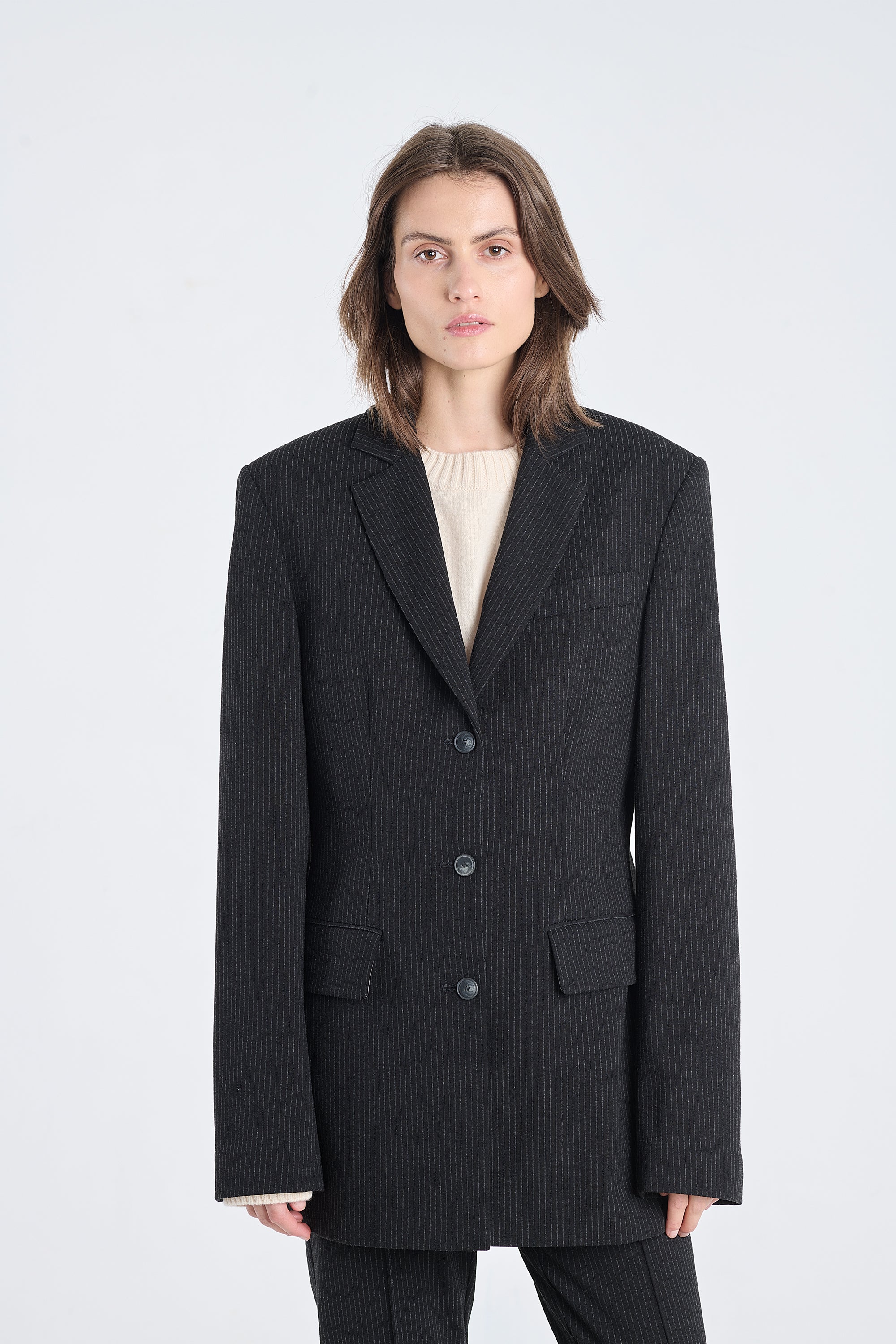 Black striped bistretch  jacket with belt