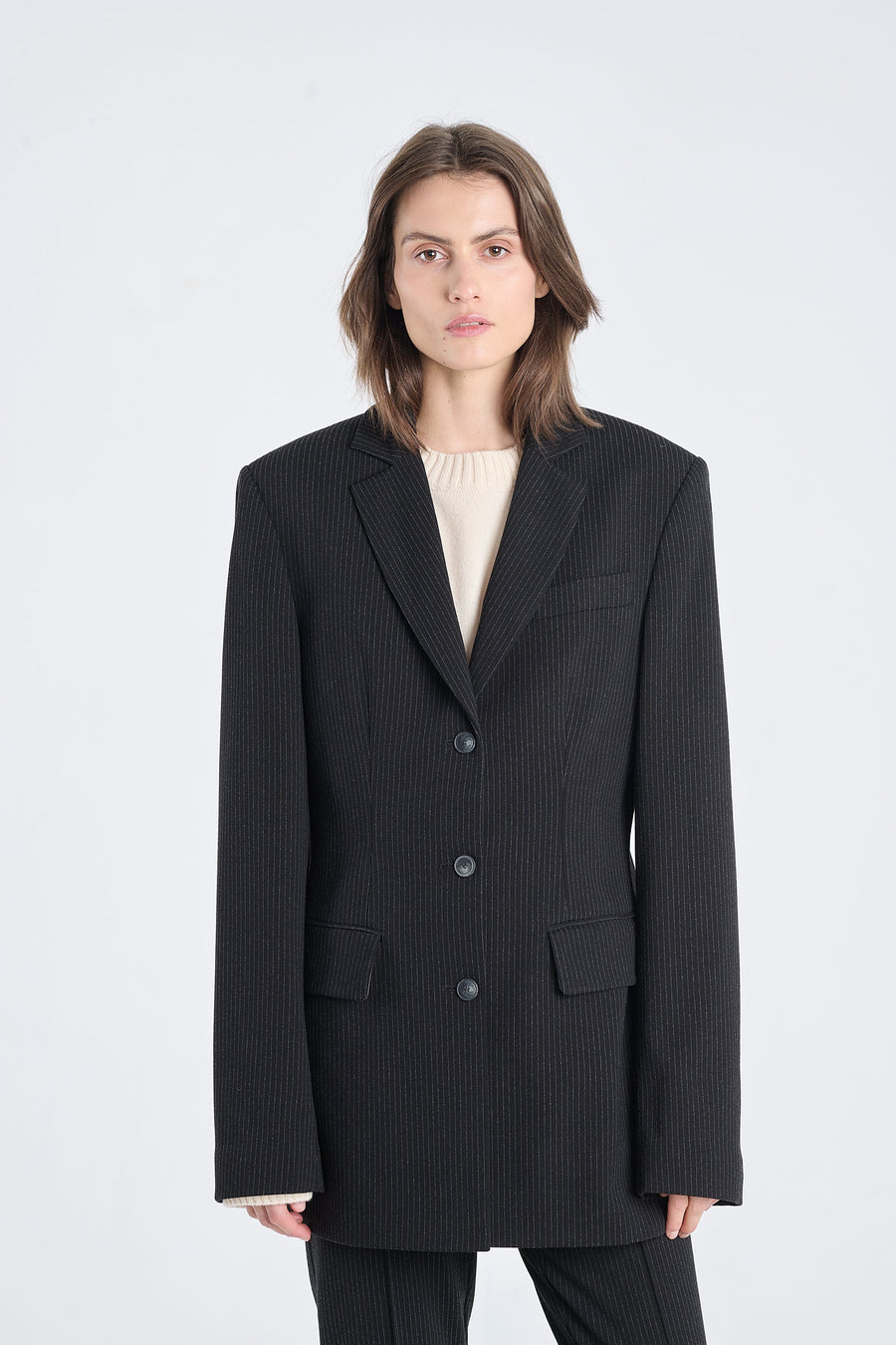 Black striped bistretch  jacket with belt
