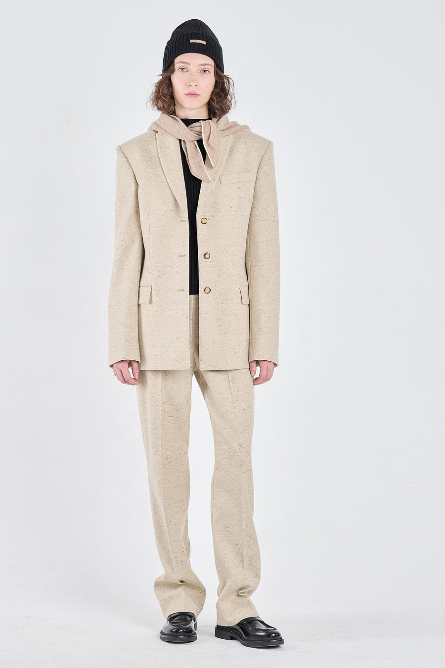 Sand wool tweed jacket with belt