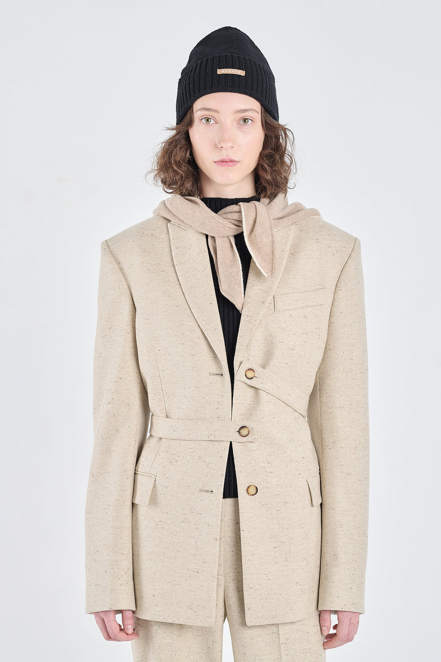 Sand wool tweed jacket with belt