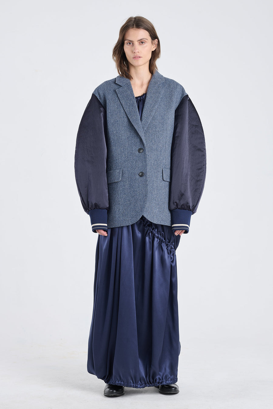 Blue herringbone wool jacket with bomber sleeves