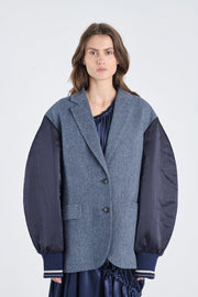 Blue herringbone wool jacket with bomber sleeves