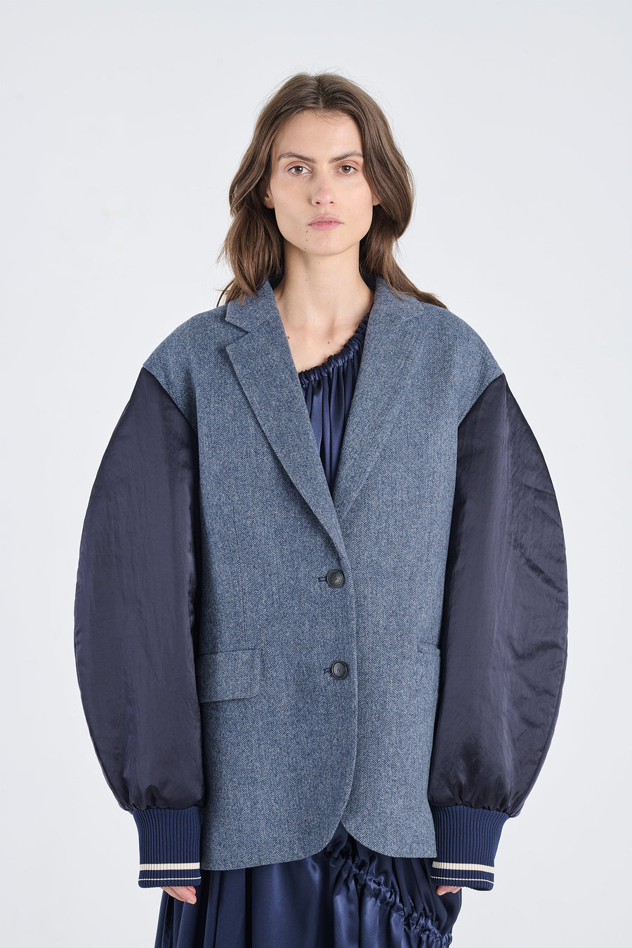 Blue herringbone wool jacket with bomber sleeves