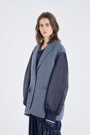 Blue herringbone wool jacket with bomber sleeves
