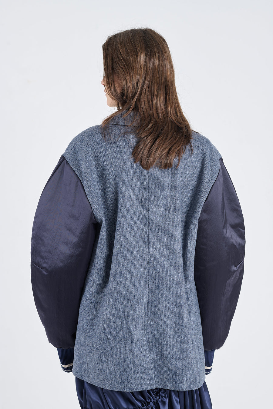 Blue herringbone wool jacket with bomber sleeves