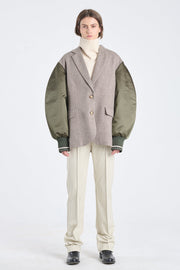 Khaki herringbone wool jacket with bomber sleeves