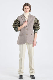 Khaki herringbone wool jacket with bomber sleeves
