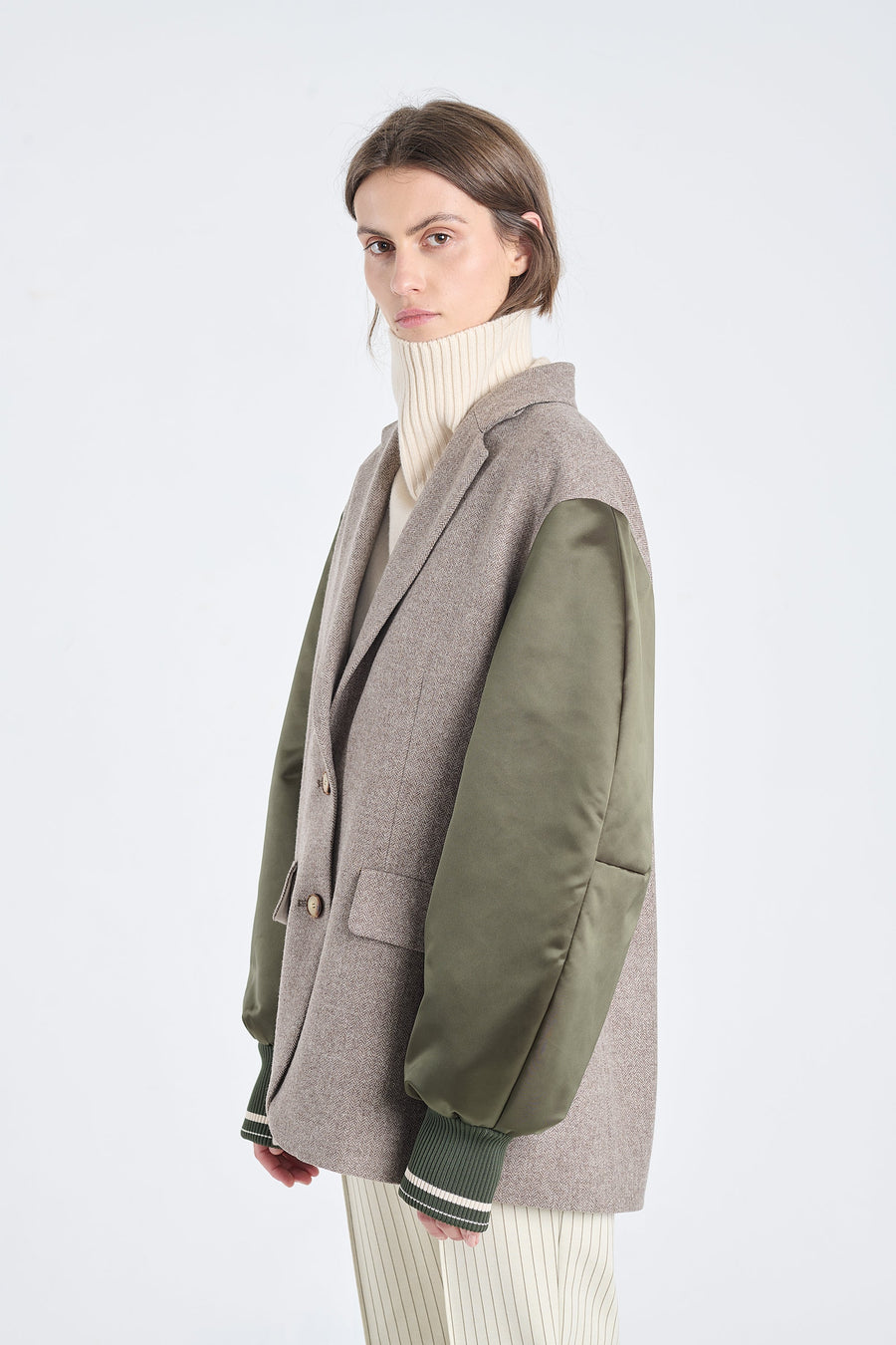 Khaki herringbone wool jacket with bomber sleeves