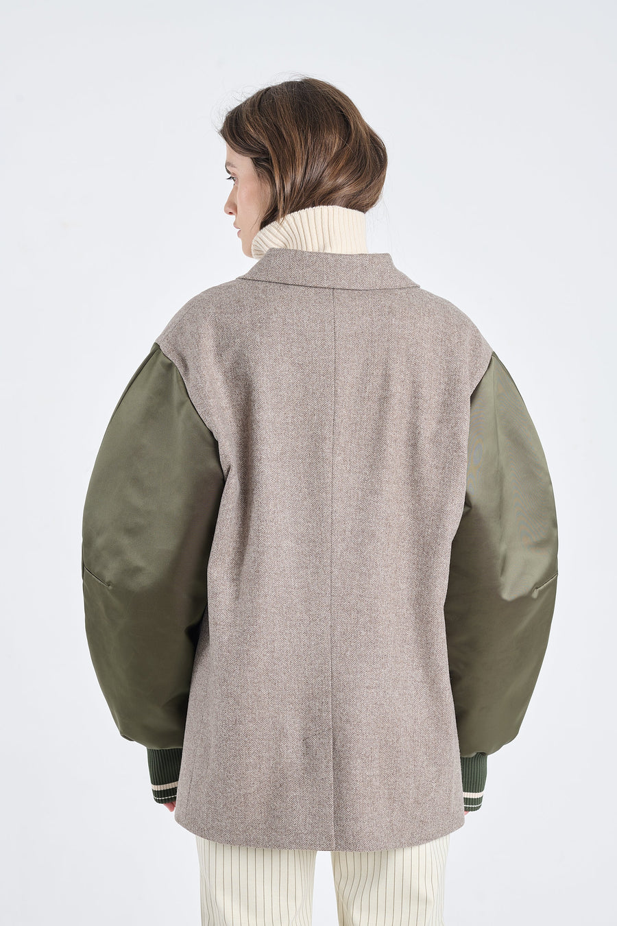 Khaki herringbone wool jacket with bomber sleeves