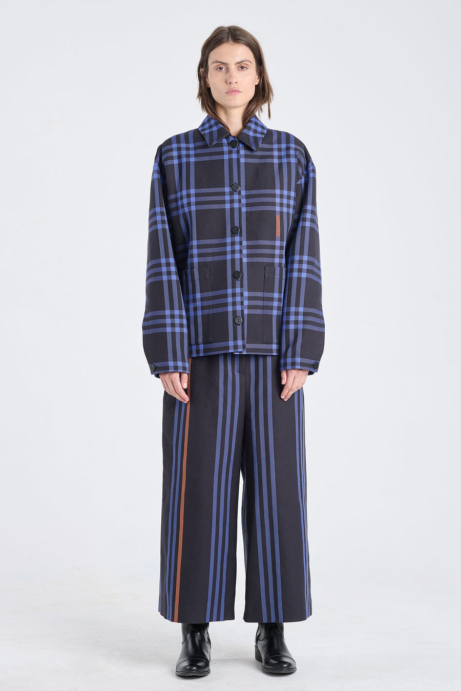 Black&cobalt blue cotton plaid jacket