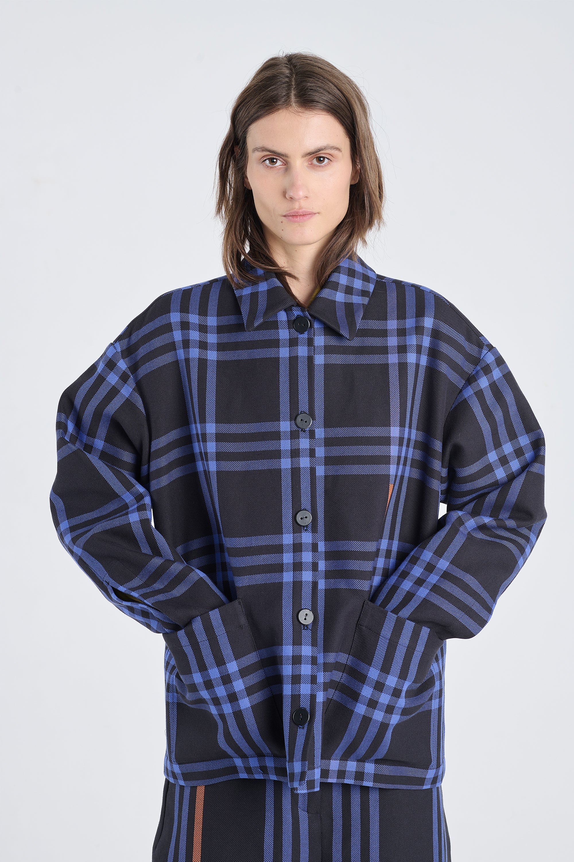 Black&cobalt blue cotton plaid jacket