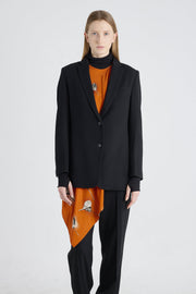 Black stretch wool jacket with strap belt