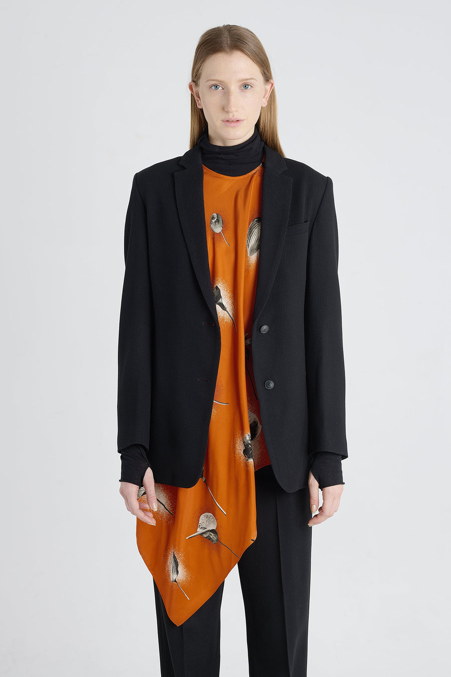Black stretch wool jacket with strap belt