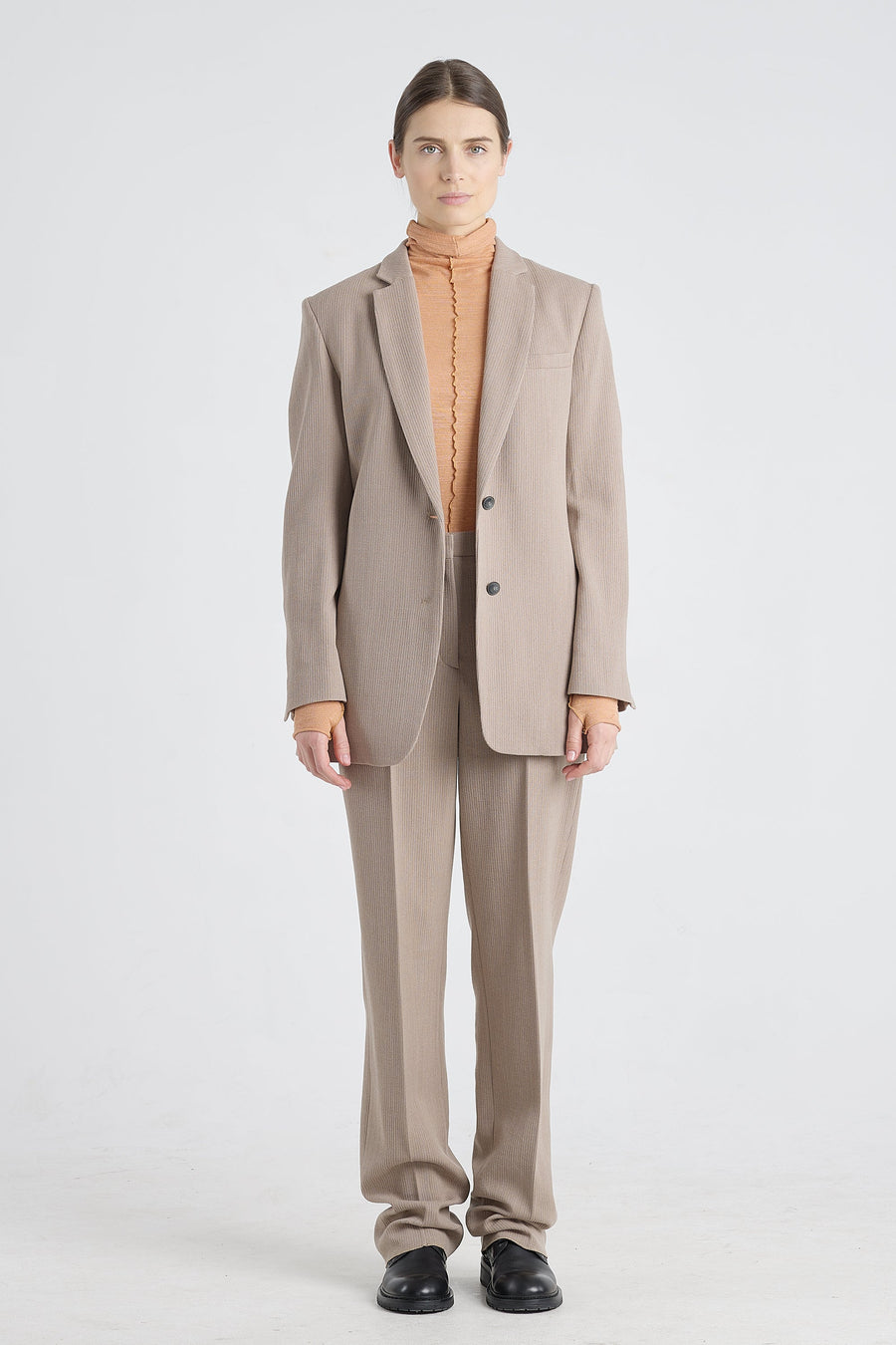 Taupe stretch wool jacket with strap belt