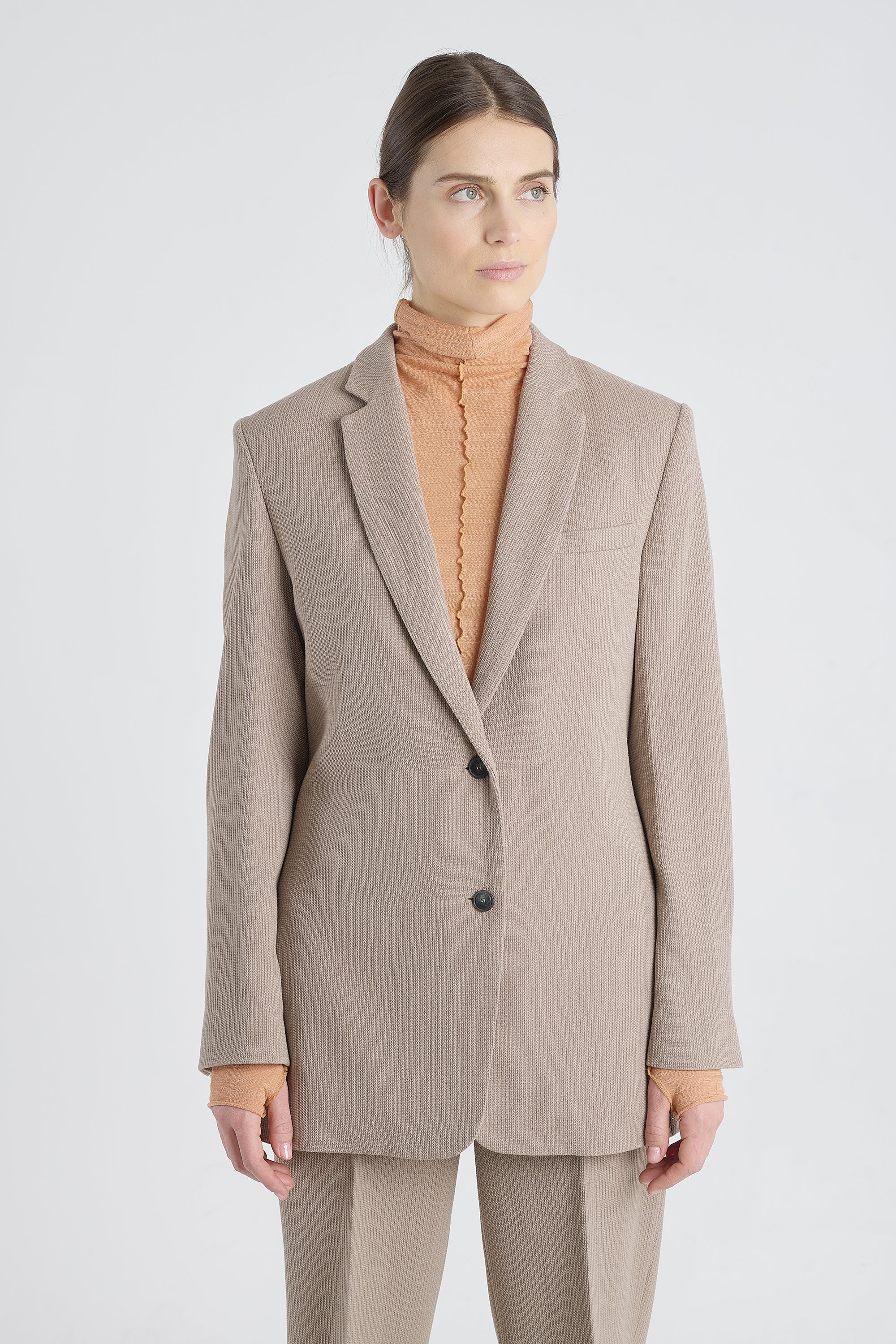 Taupe stretch wool jacket with strap belt