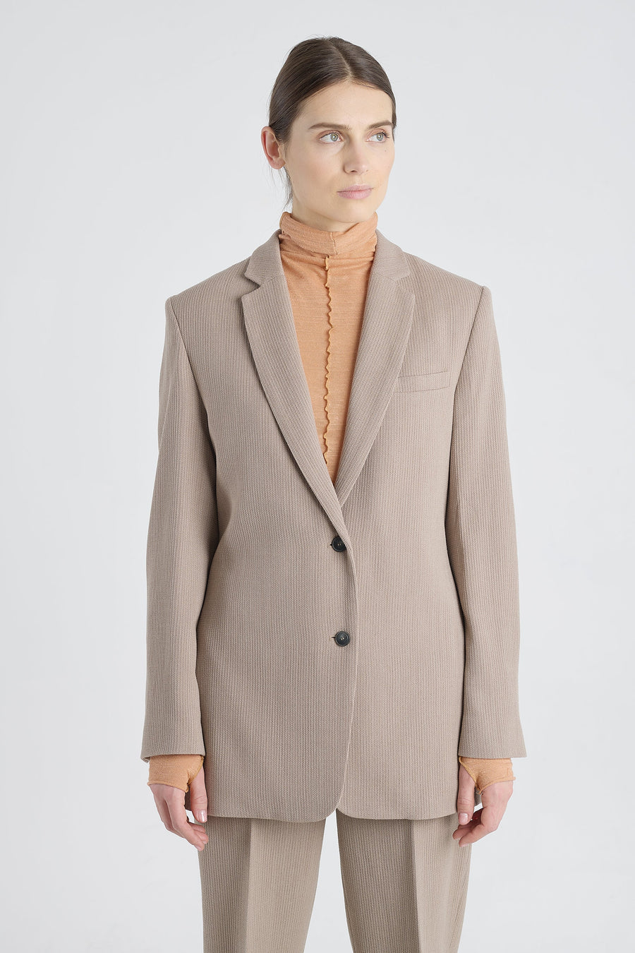 Taupe stretch wool jacket with strap belt